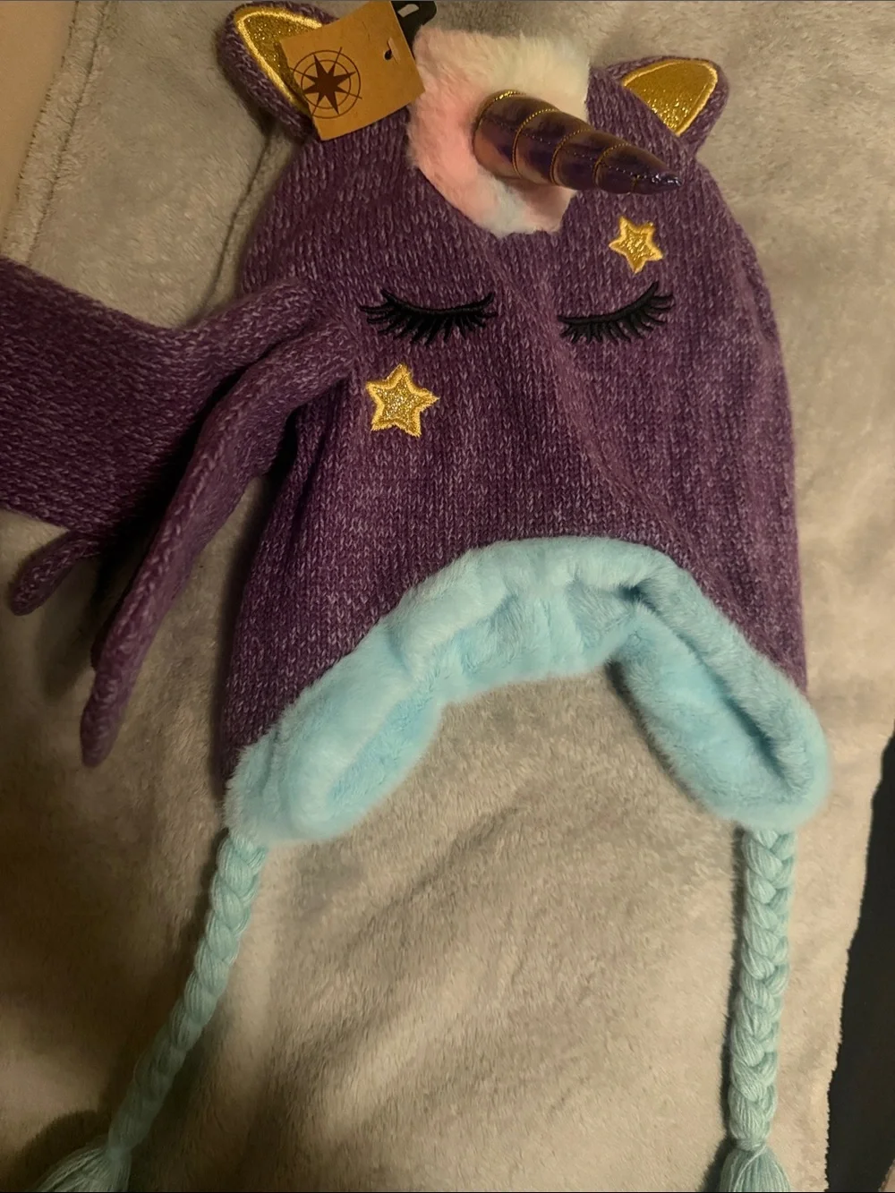 Kids Unicorn Earflap Winter Hat and Mittens Set - Purple